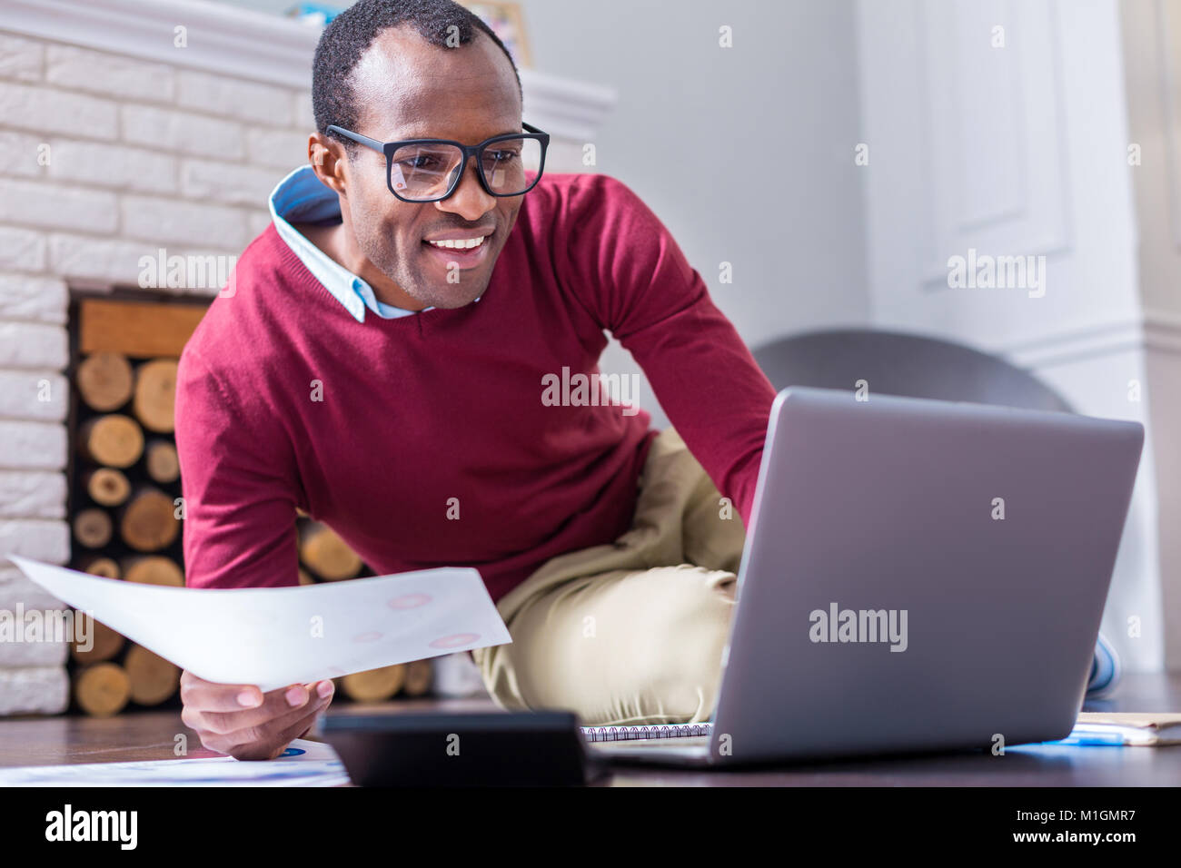 Happy delighted freelancer working Stock Photo Alamy