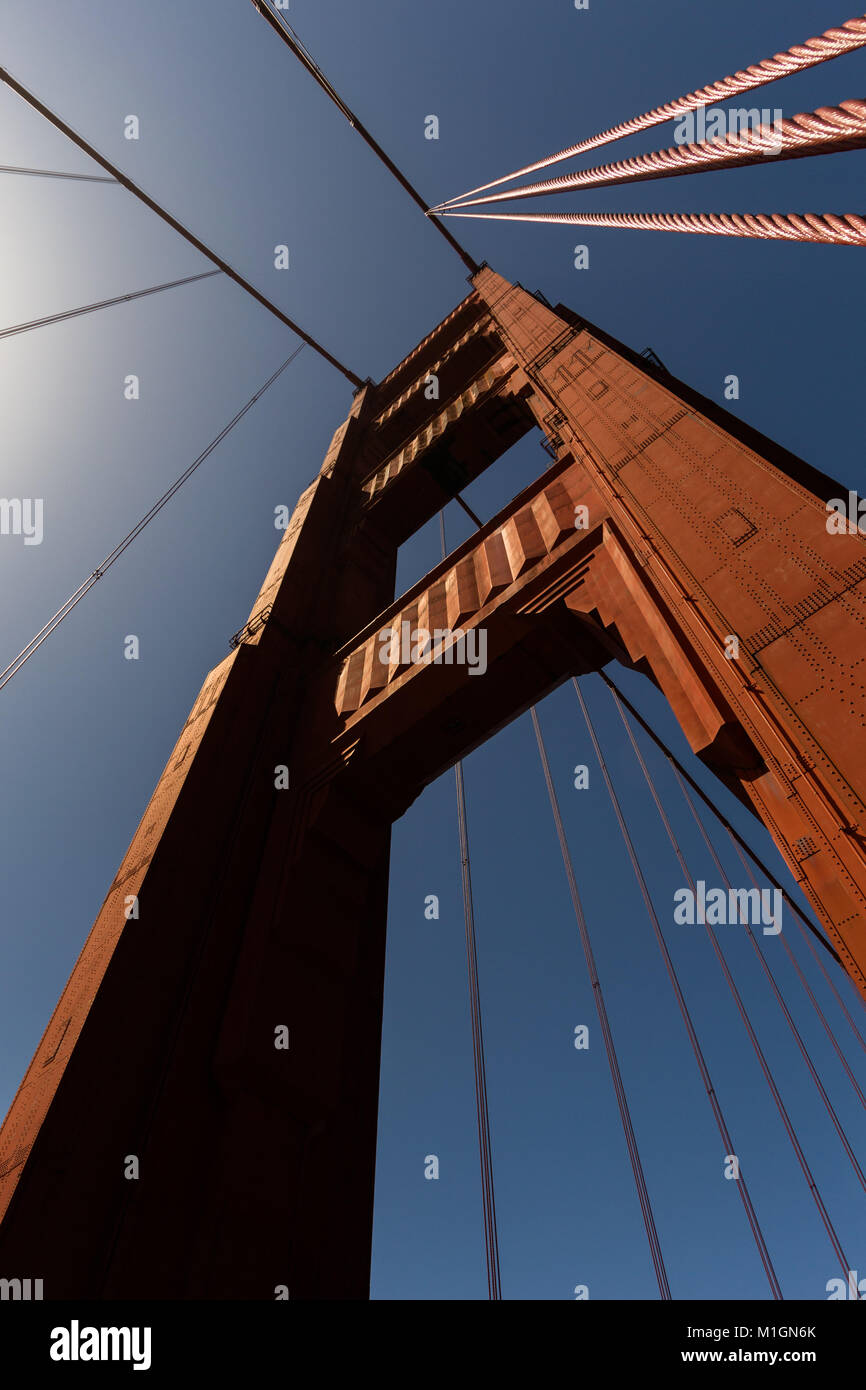 The south tower of the Golden Gate Bridge against a clear blue sky. Stock Photo