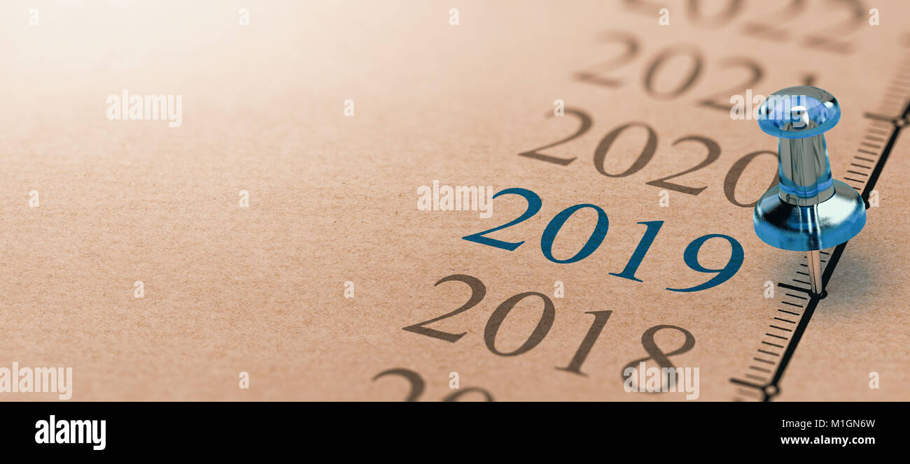 3D illustration of a timeline on kraft paper with focus on 2019 and a blue thumbtack. Year two thousand nineteen Stock Photo