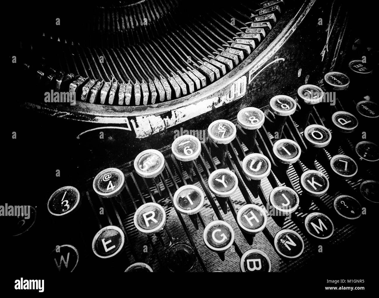 Creative edit of a manual typewriter at the Waddesdon Manor chilli festival in black and white.  September 2017 Stock Photo