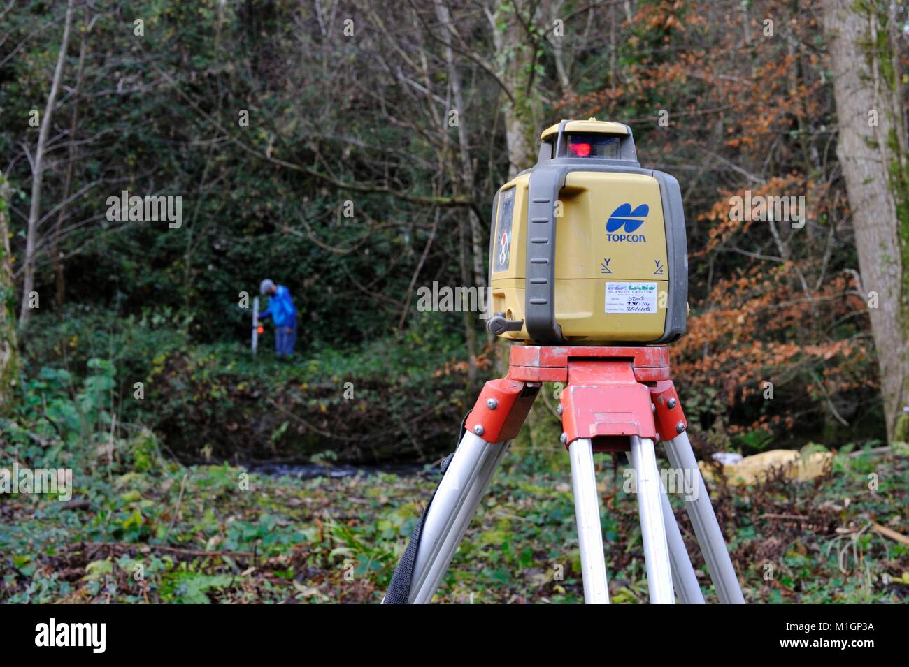 Laser level measurement across a river, Wales, UK Stock Photo