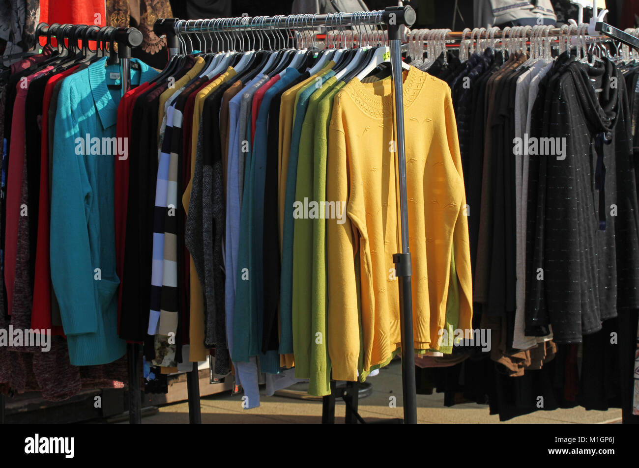 Market for clothes outdoor on a street in Pernik, Bulgaria jan 27