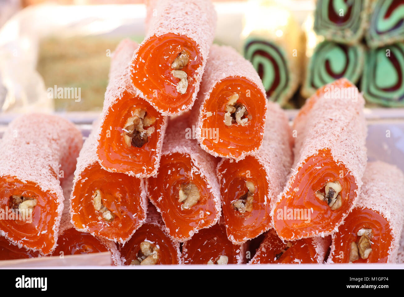 Turkish delight. Lokum. Sweet candies with nuts. turkish delight for dessert. Cezerye or lokum. Turkish candies and sweets, tasty background texture, Stock Photo