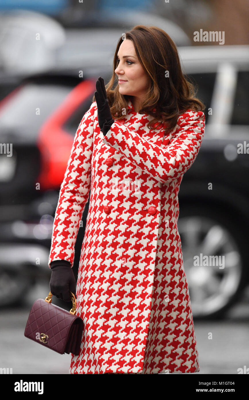 The Duchess of Cambridge arriving at the Karolinska Institute in Stockholm to hear about Sweden's approach to managing mental health challenges. Stock Photo