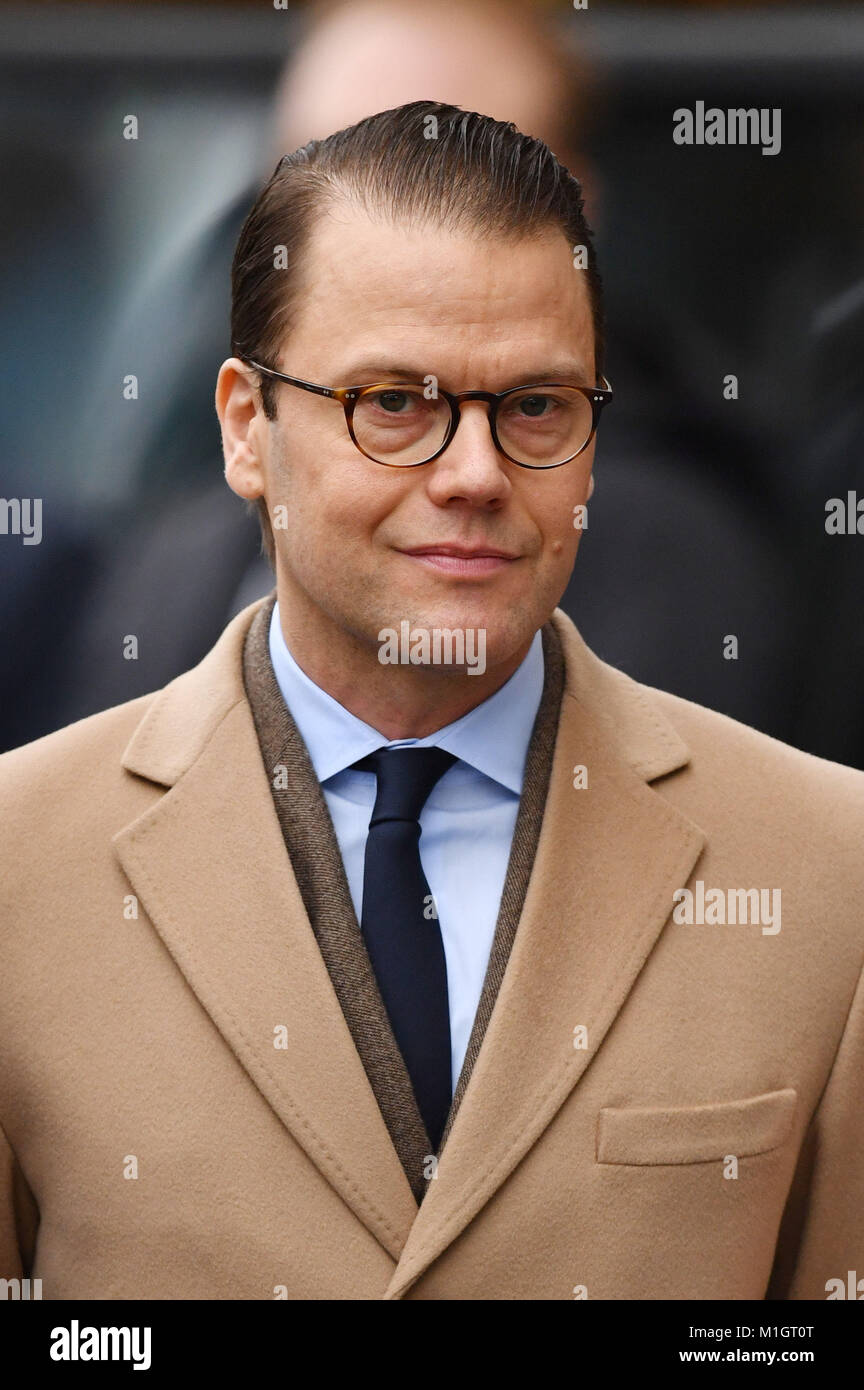 Prince Daniel of Sweden arriving at the Karolinska Institute in Stockholm to hear about Sweden's approach to managing mental health challenges. Stock Photo