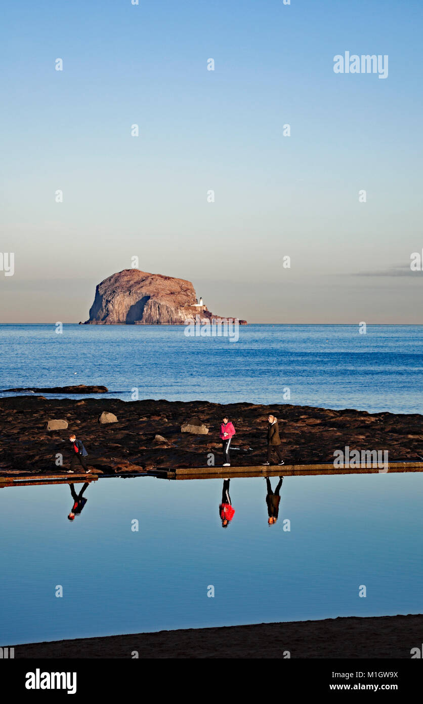 North Berwick beach on a winter's afternoon with Bass Rock in background, East Lothian, Scotland, UK Stock Photo