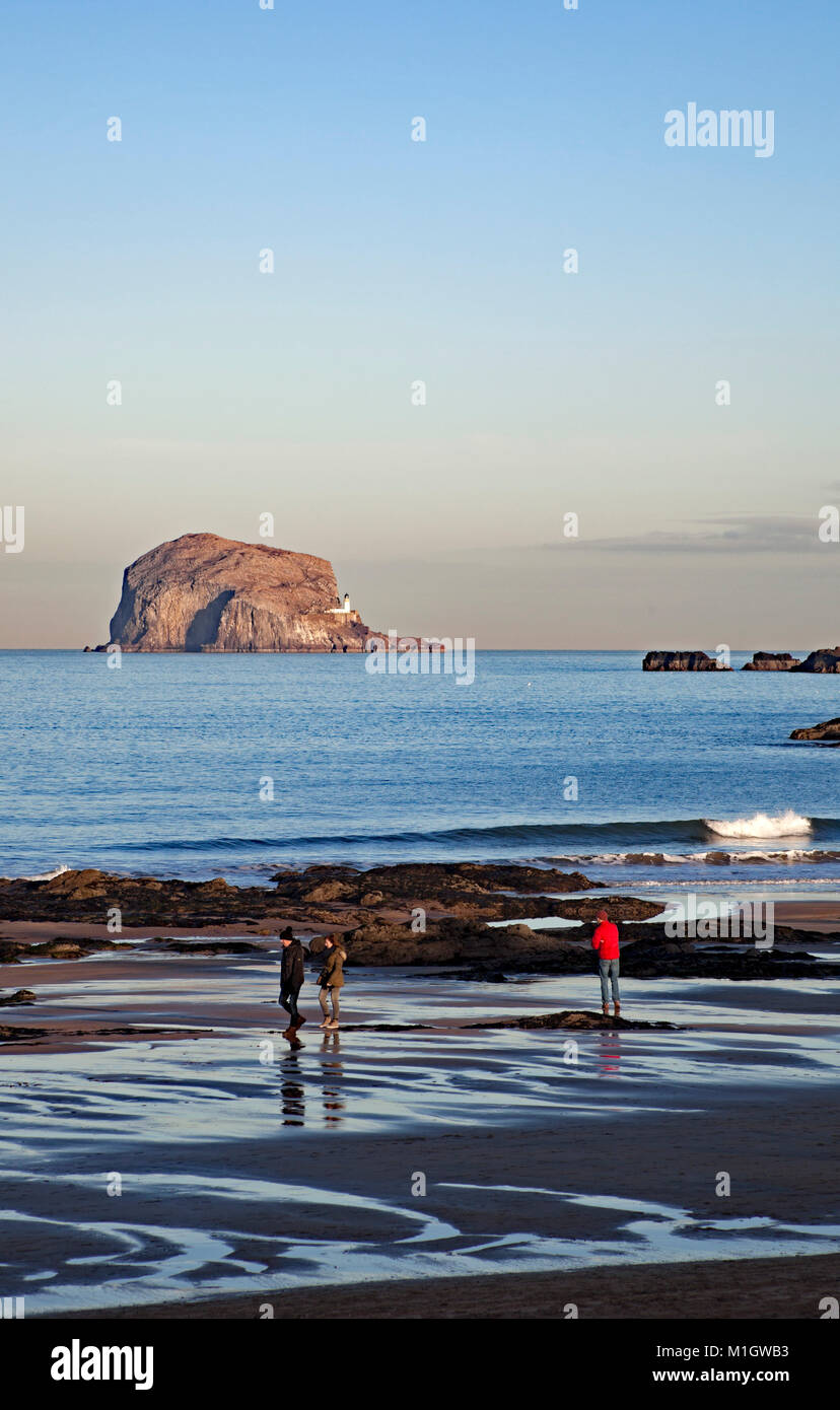 North Berwick beach on a winter's afternoon with Bass Rock in background, East Lothian, Scotland, UK Stock Photo