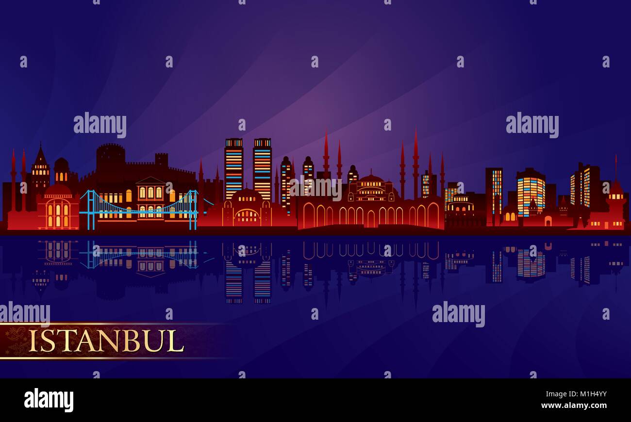 Istanbul city night skyline. Vector silhouette illustration Stock Vector