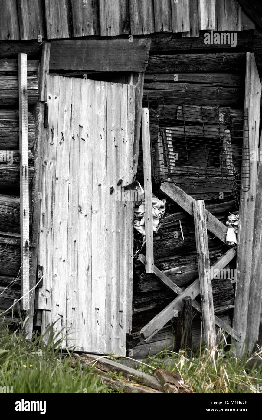 Abandoned wooden house, door to barn. The dying Russian village. Stock Photo