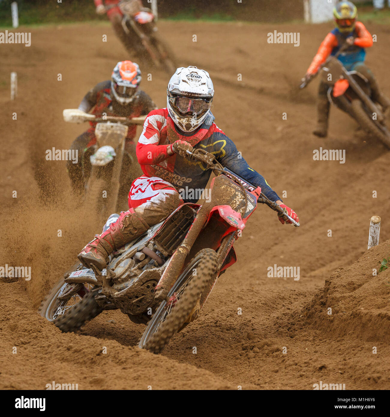 George Turner on the Eastwood Racing Wiseco Honda 250 at the NGR & ACU Eastern EVO Solo Motocross Championships, Cadders Hill, Lyng, Norfolk, UK. Stock Photo