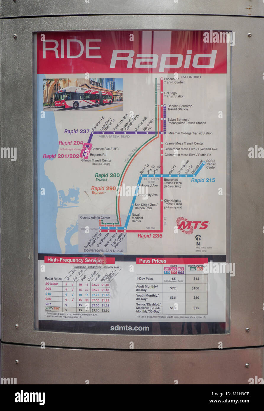 San Diego California Metropolitan Transit System (MTS), Ride Rapid Bus Route Map Stock Photo