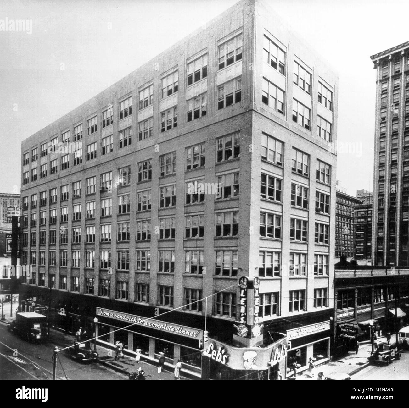 Photograph of a building on Peachstreet in downtown Atlanta, Georgia, where the Communicable Disease Center (CDC) offices opened in 1946, on the sixth floor above the historic Leb's restaurant, 1956. Image courtesy CDC. () Stock Photo