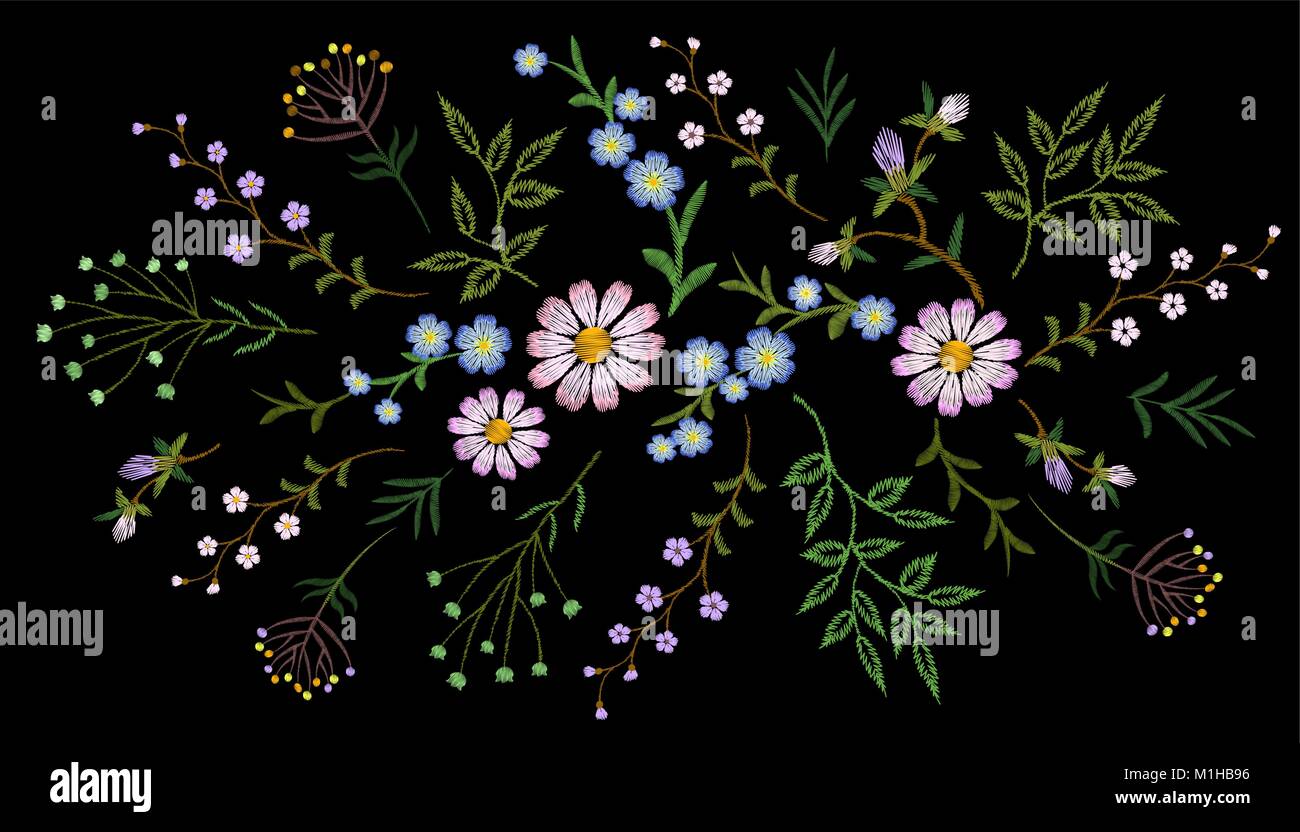 Embroidery trend floral pattern small branches herb daisy with little blue violet flower. Ornate traditional folk fashion patch design neckline blossom on black background vector illustration Stock Vector