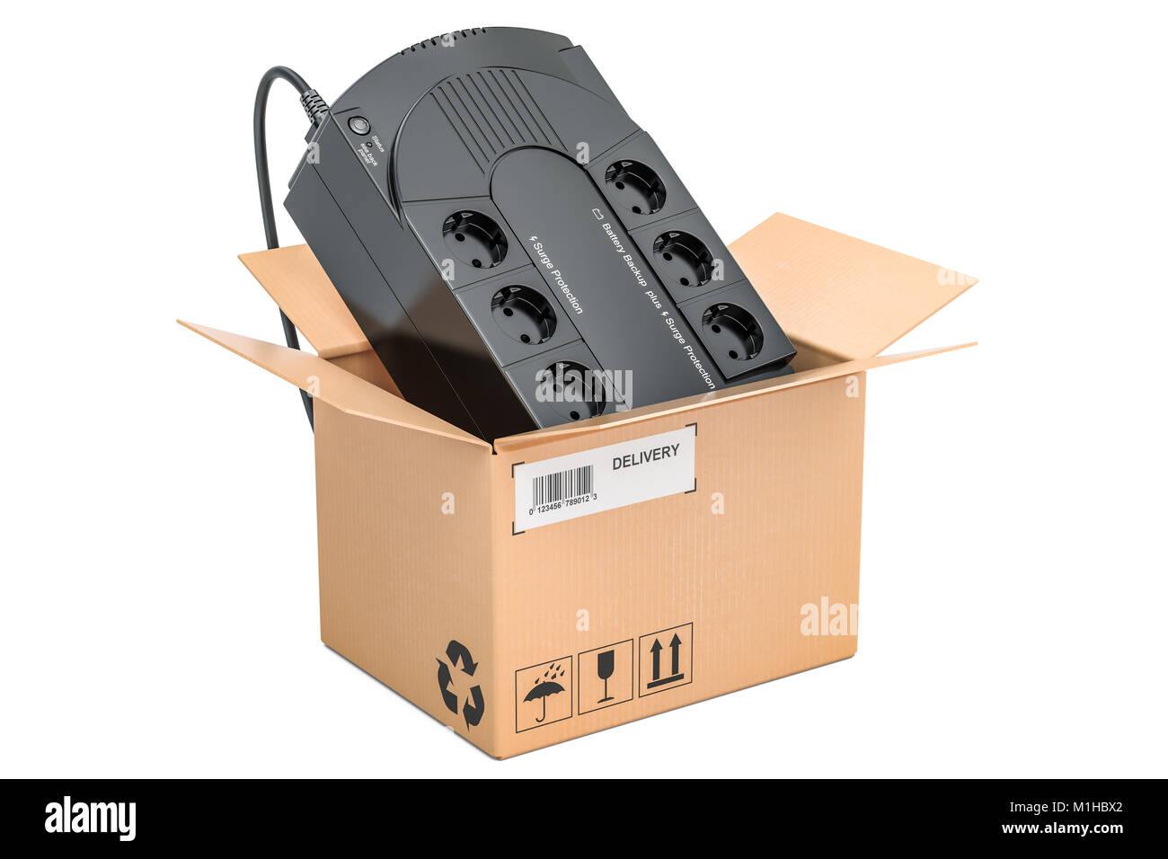 Uninterruptible power supply UPS inside cardboard box, delivery concept