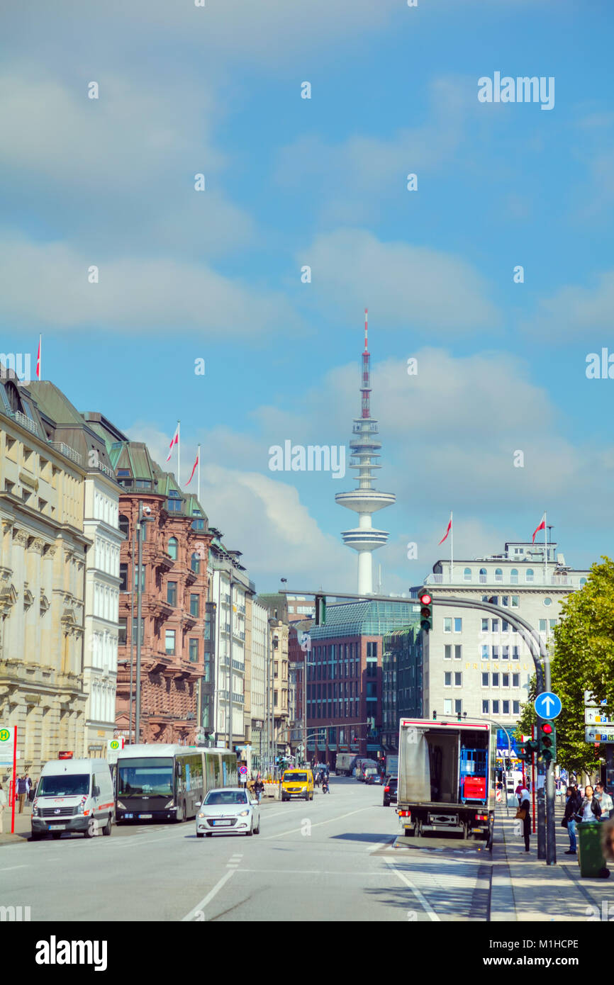 HAMBURG, GERMANY - AUGUST 23: Hamburg cityscape overview with the Heinrich-Hertz-Turm communication tower on August 23, 2017 in Hamburg, Germany Stock Photo