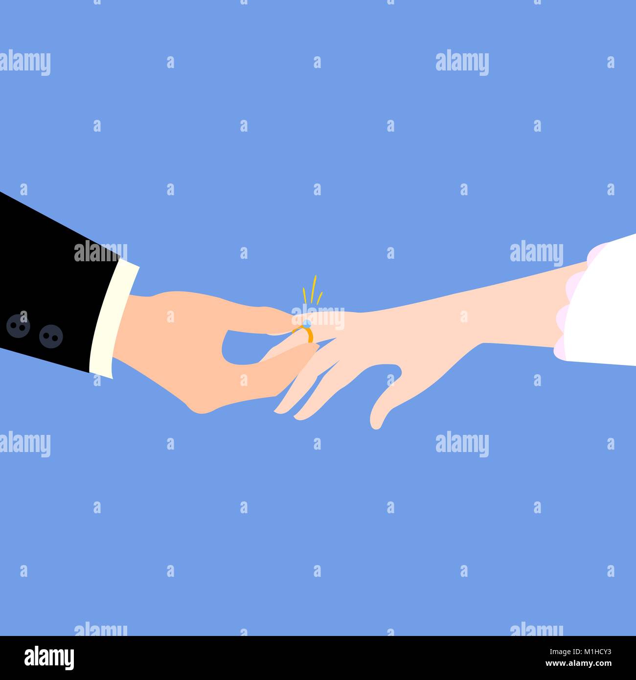 Man in suit puts beautiful engagement diamond ring on woman finger isolated on blue background. Two hands. Male and female. Banner with isolated hands Stock Vector