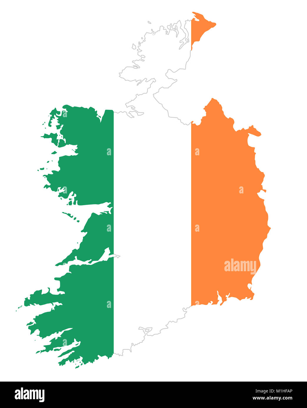 Republic of Ireland flag in country silhouette. Landmass and borders as outline, within the banner of the nation in colors green, white and orange. Stock Photo