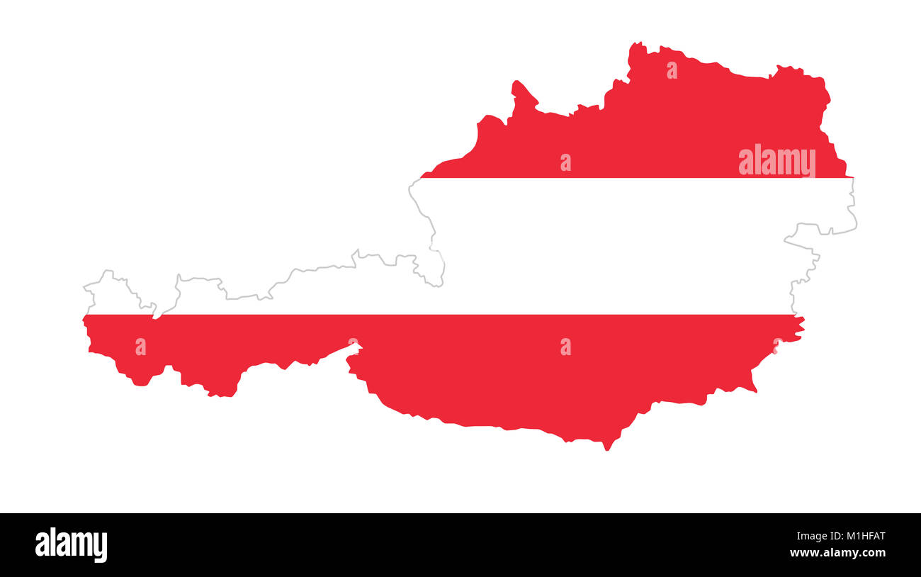 Republic of Austria flag in country silhouette. Landmass and borders as outline, within the banner of the nation in colors red and white. Stock Photo