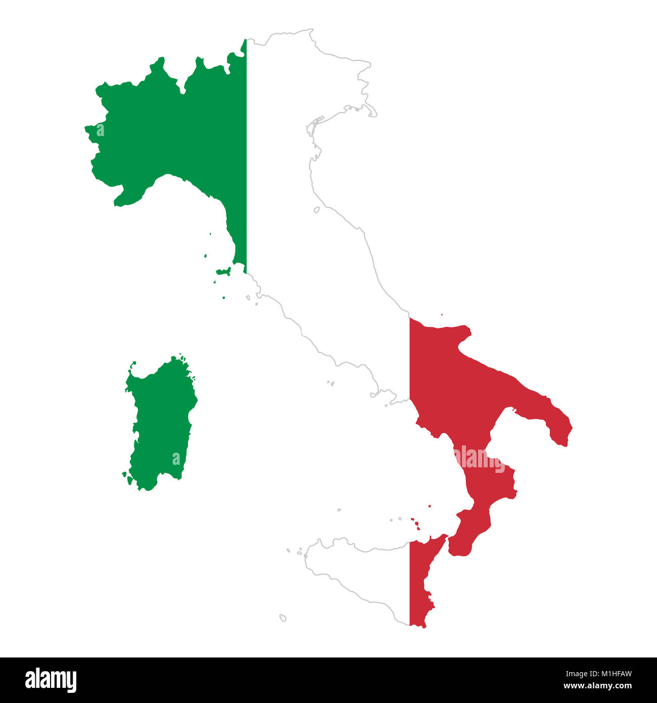 Italian Republic flag in country silhouette. Landmass and borders of Italy as outline, within the banner of the nation in colors green, white and red. Stock Photo