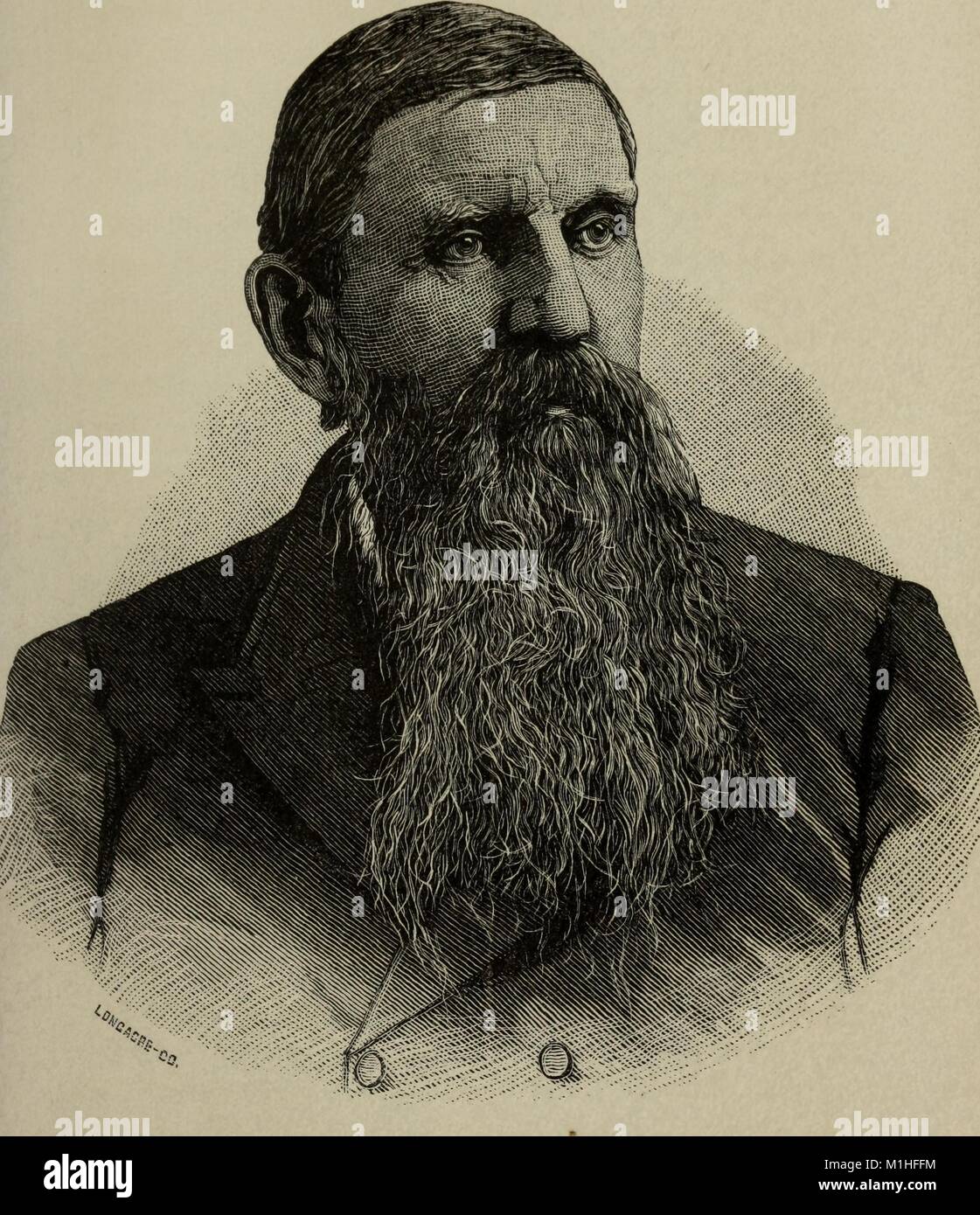 Black and white engraving, depicting a head-shot of abolitionist Dr Jacob L Paxon, wearing a double-breasted suit jacket, and a serious expression, with combed-over hair and a long mustache and beard, from the volume 'History of the Underground railroad in Chester and the neighboring counties of Pennsylvania, ' authored by RC (Robert Clemens) Smedley, 1883. Courtesy Internet Archive. () Stock Photo