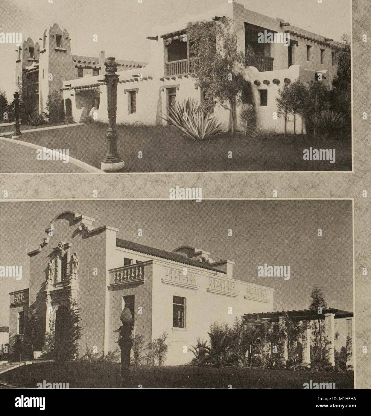 Two black and white photographs, part of a larger triptych, showing three buildings in the Spanish colonial style, shot from a three-quarter, low angle, and captioned 'Washington Building Montana Building New Mexico Building, ' from the volume 'The Official Guide Book of the Panama-California Exposition San Diego 1915', 1915. Courtesy Internet Archive. () Stock Photo