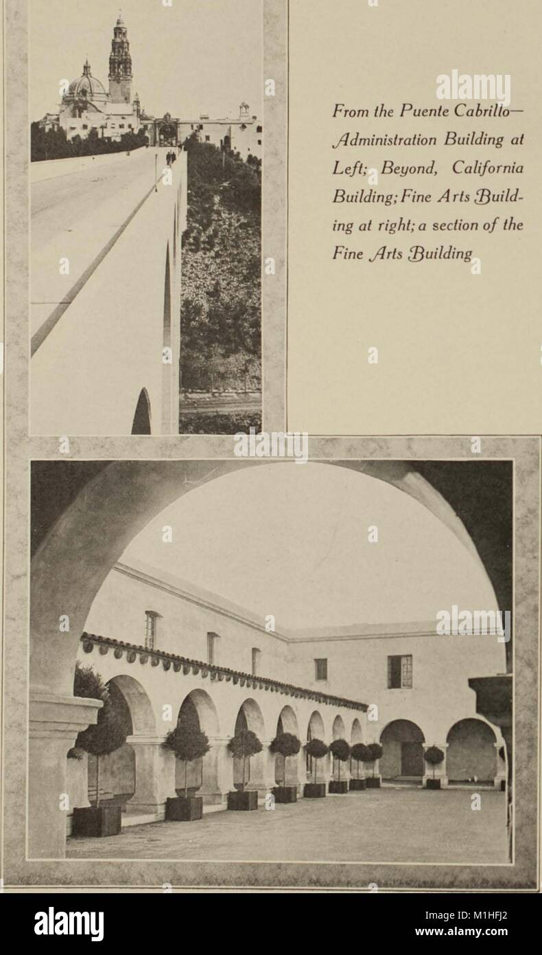 Two black and white photographs, showing several buildings in the Spanish colonial style, including exterior, low-angle shots of the California Building and Fine Arts Building, and a view through an arch of the Fine Arts Building's arched, collonaded atrium, captioned 'From the Puente Cabrillo- Administration Building at left; Beyond, California building; Fine Arts Building at right; a section of the Fine Arts Building, ' from the volume 'The Official Guide Book of the Panama-California Exposition San Diego 1915', 1915. Courtesy Internet Archive. () Stock Photo