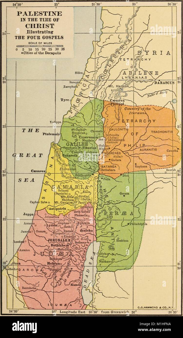 Color map of Palestine captioned 'Palestine in the Time of Christ Illustrating the Four Gospels, ' with a scale and color-coded regions, from the volume 'Ancient apostles, ' authored by David O (David Oman) McKay, and the Deseret Sunday School Union, 1918. () Stock Photo