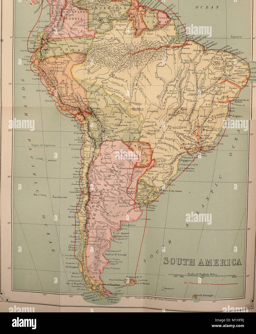 Physical and political map of South America, with a scale, lines of latitude and longitude, shaded relief to denote physical features, color-coded political regions, and red lines indicating the author's travel routes, from the volume 'Around and About South America, ' authored by Frank Vincent, 1890. () Stock Photo
