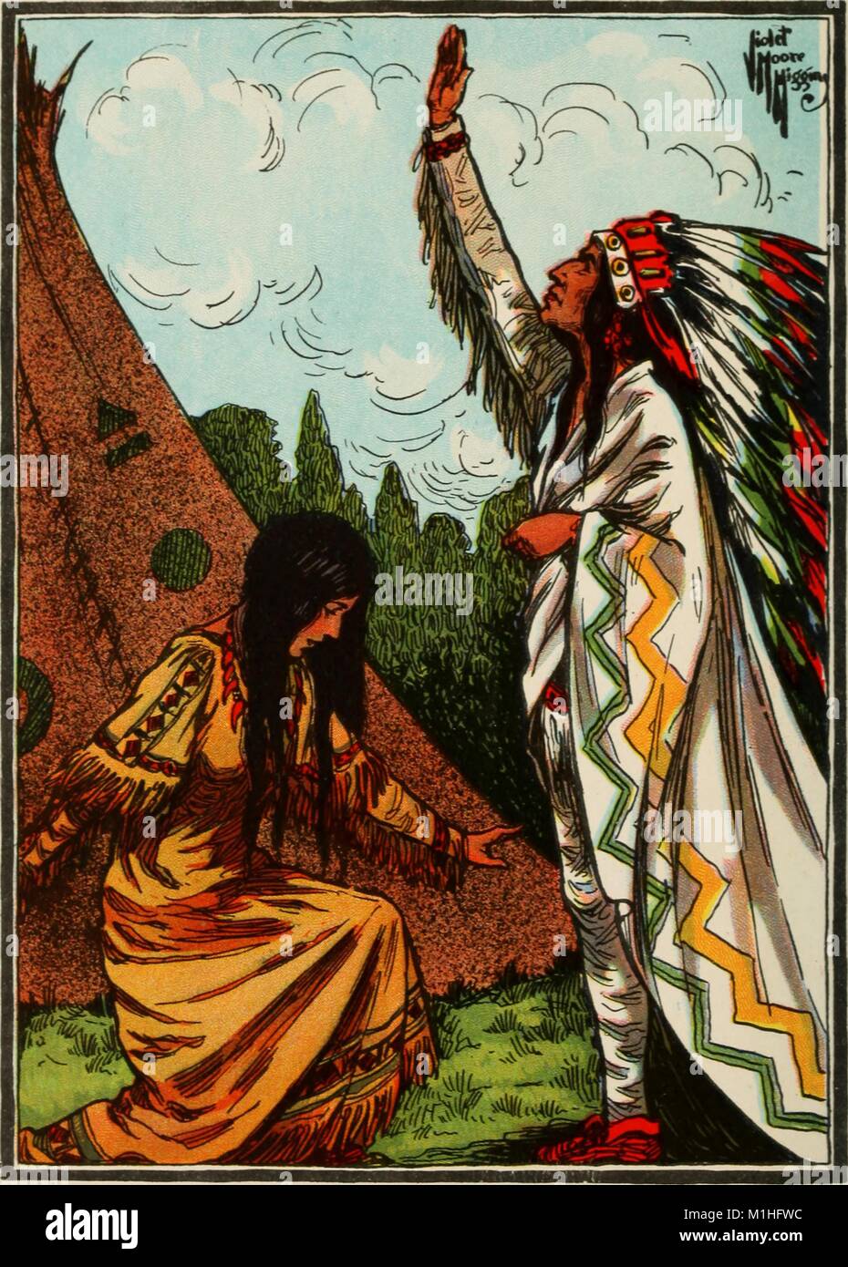 Color illustration, depicting a girl bowing before a man wearing a feathered headdress, entitled 'Deerfoot Greets the Stranger, ' from the story 'The Feathered Bridegroom, ' in Violet Moore Higgens' book 'The Lost Giant and Other American Indian Tales Retold.', 1918. Courtesy Internet Archive. () Stock Photo