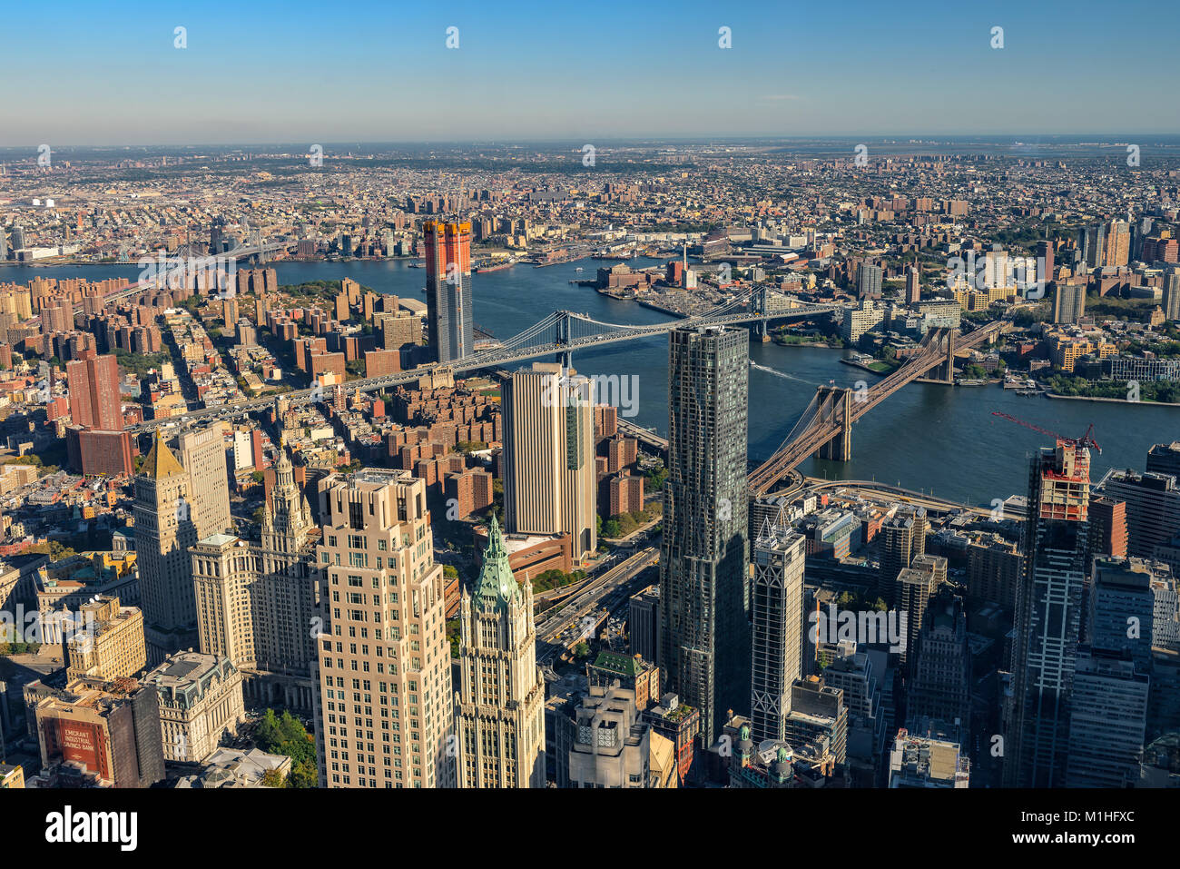 Aerial view of Skyline with Skyscrapers in Downtown Manhattan and Lower ...