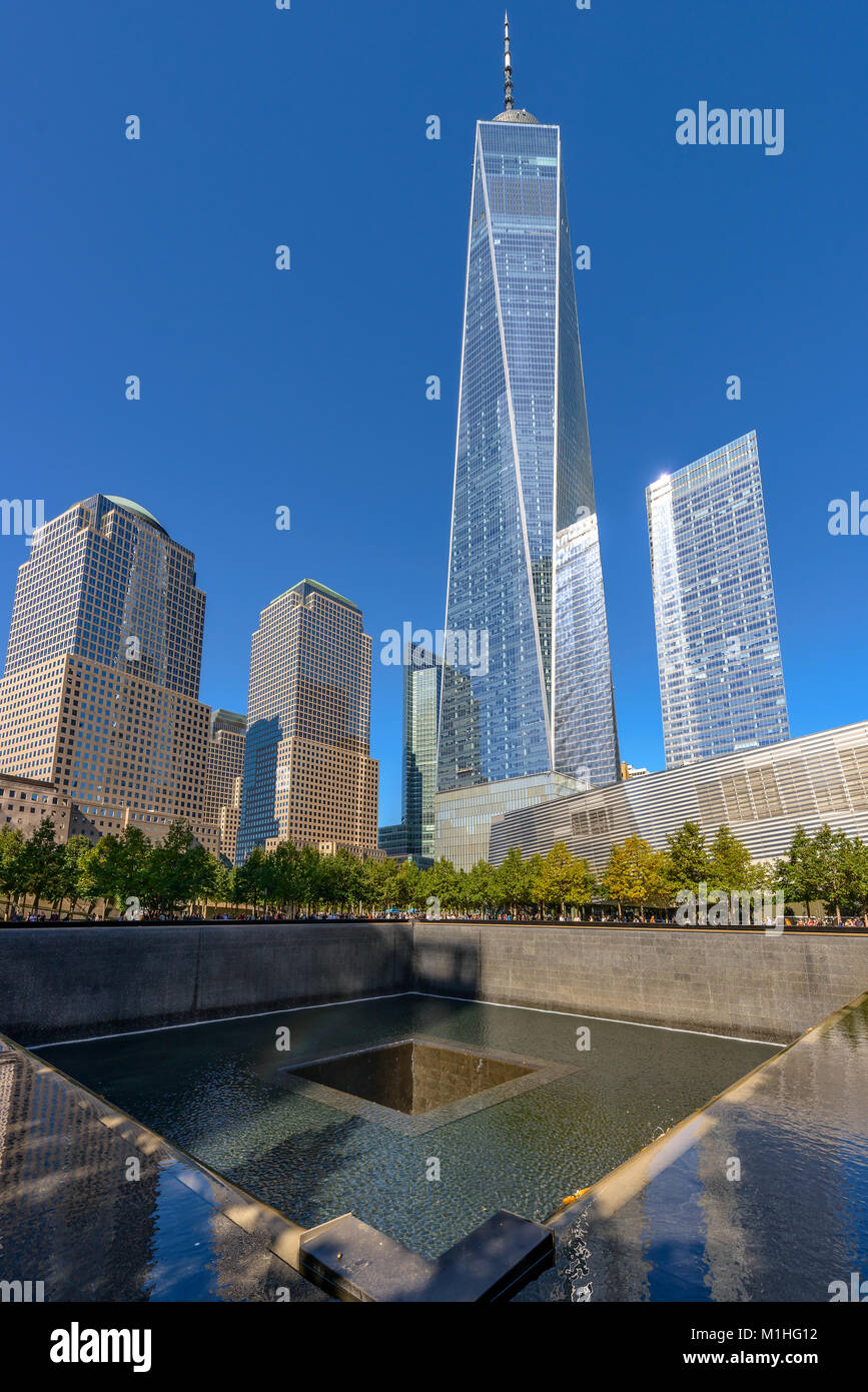 NEW YORK - USA - OCTOBER 19, 2017- People near freedom tower and 9-11 memorial Stock Photo