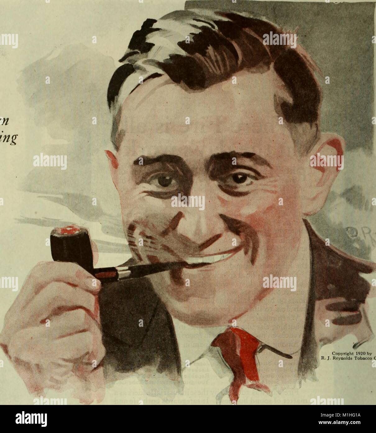 Color illustration advertising RJ Reynold's Tobacco Company brand product, Prince Albert Pipe Tobacco, showing a headshot of a man wearing a suit and tie and smiling while smoking from a pipe held between one hand and his mouth, from page 116 of a 1920s issue of 'The Saturday Evening Post', November 16, 1920. Courtesy Internet Archive. () Stock Photo