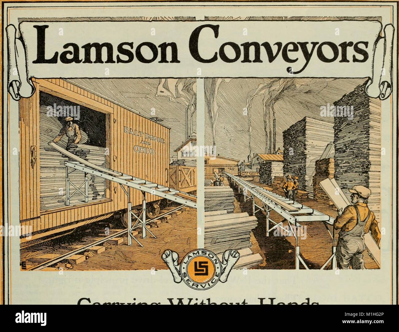 Two-color illustration advertising the Lamson Conveyor Company's conveyor belts, depicting two scenes, one in which a workman unloads a plank of wood from a train car onto a conveyor, the other in which a workman loads planks of wood from surrounding piles onto a conveyor belt that carries the planks to a factory in the background, from page 81 of a 1919 issue of 'The Literary Digest', March 22, 1919. () Stock Photo