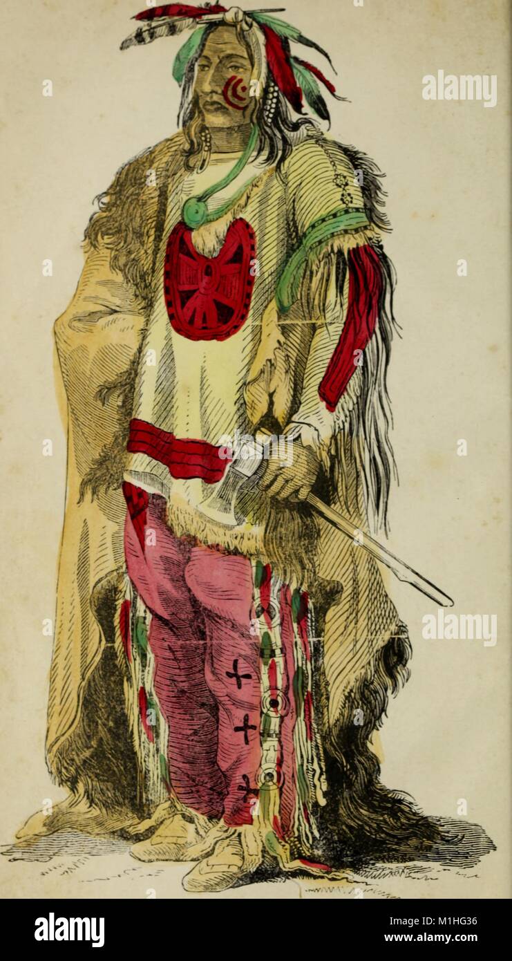 Full length, color illustration of Sioux Chief Wahktageli aka the 'Big Soldier, ' wearing red face paint, a multicolor feather headdress, an elaborately decorated tunic, an animal hide cloak, trousers, and boots, and holding an axe, from the book ' Thrilling adventures among the Indians: comprising the most remarkable personal narratives of events in the early Indian Wars, as well as of incidents in the recent Indian hostilities in Mexico and Texas, ' authored by John Frost, 1854. () Stock Photo