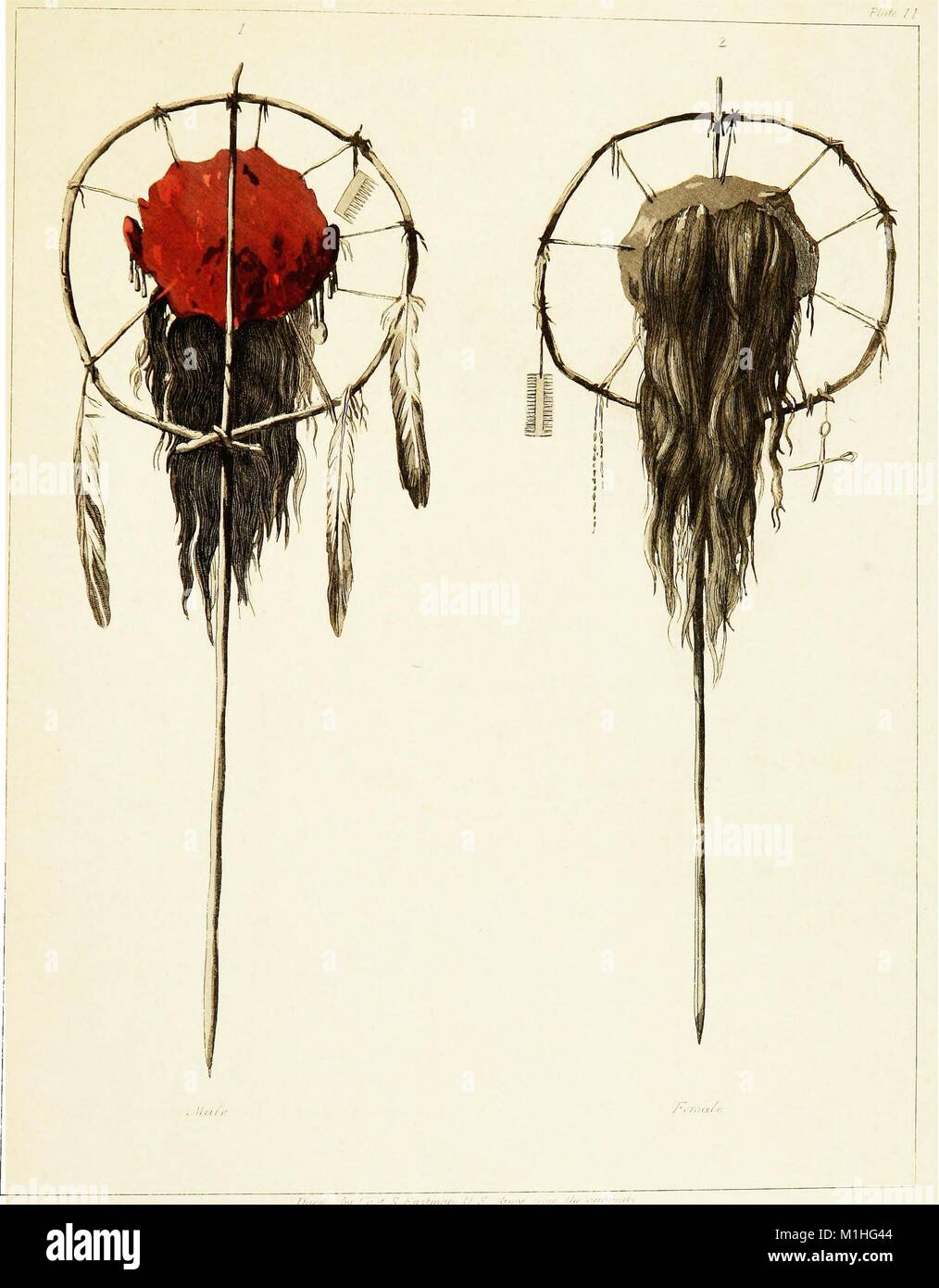 Color illustration of two scalps mounted on staked poles, one with red, skin-side facing forward, three feathers and a comb, the other with hair-side facing forward, a comb and scissors, from the volume ' Historical and statistical information respecting the history, condition, and prospects of the Indian tribes of the United States, collected and prepared under the direction of the Bureau of Indian Affairs per act of Congress of March 3rd, 1847' authored by Seth Eastman and Henry Rowe Schoolcraft, 1851. () Stock Photo