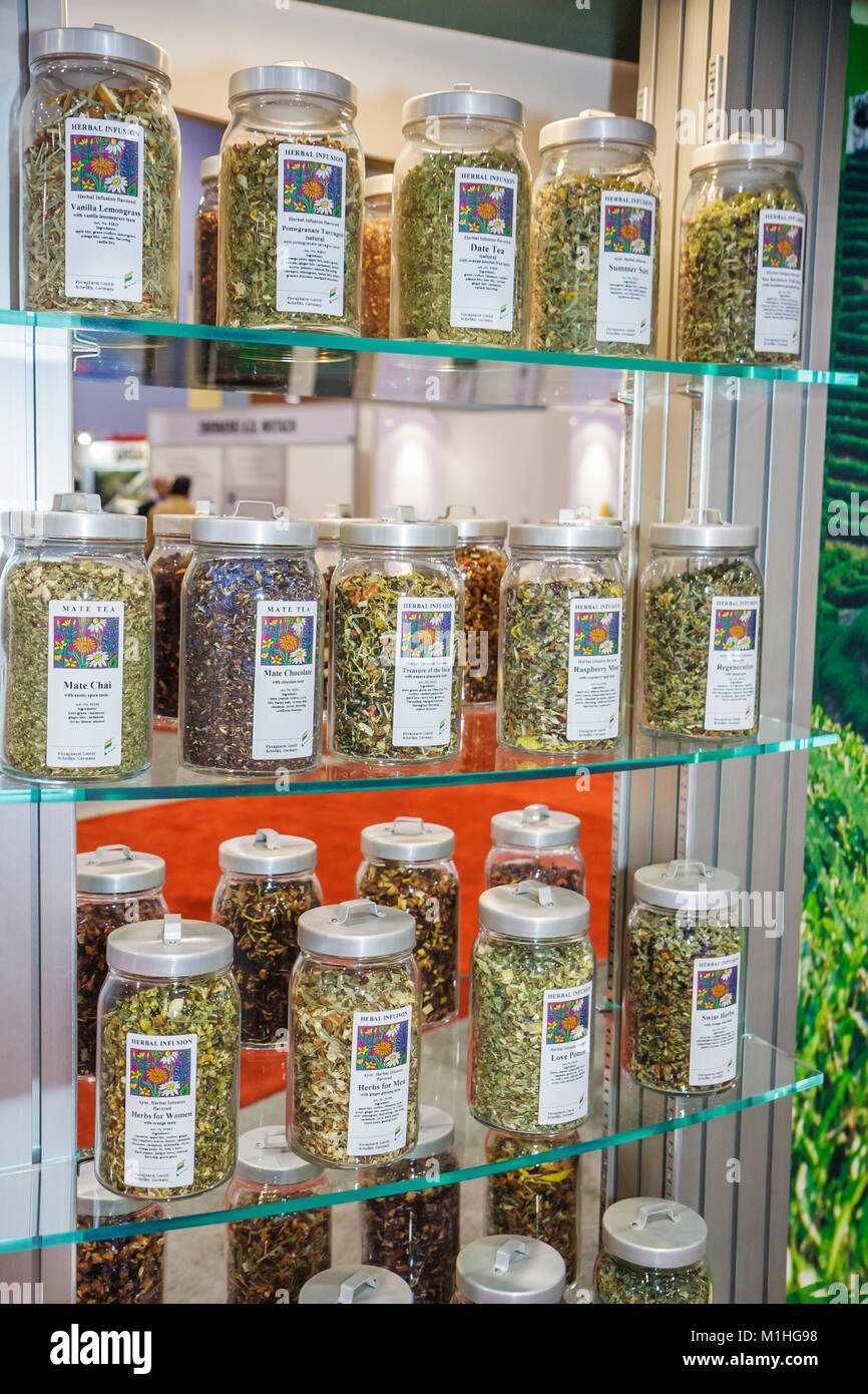 Florida,Miami Beach Convention Center,centre,Tea & Coffee exhibit,trade show,booth,stand,displays,beverages,product,buyer,export,import,herbal,bottle, Stock Photo