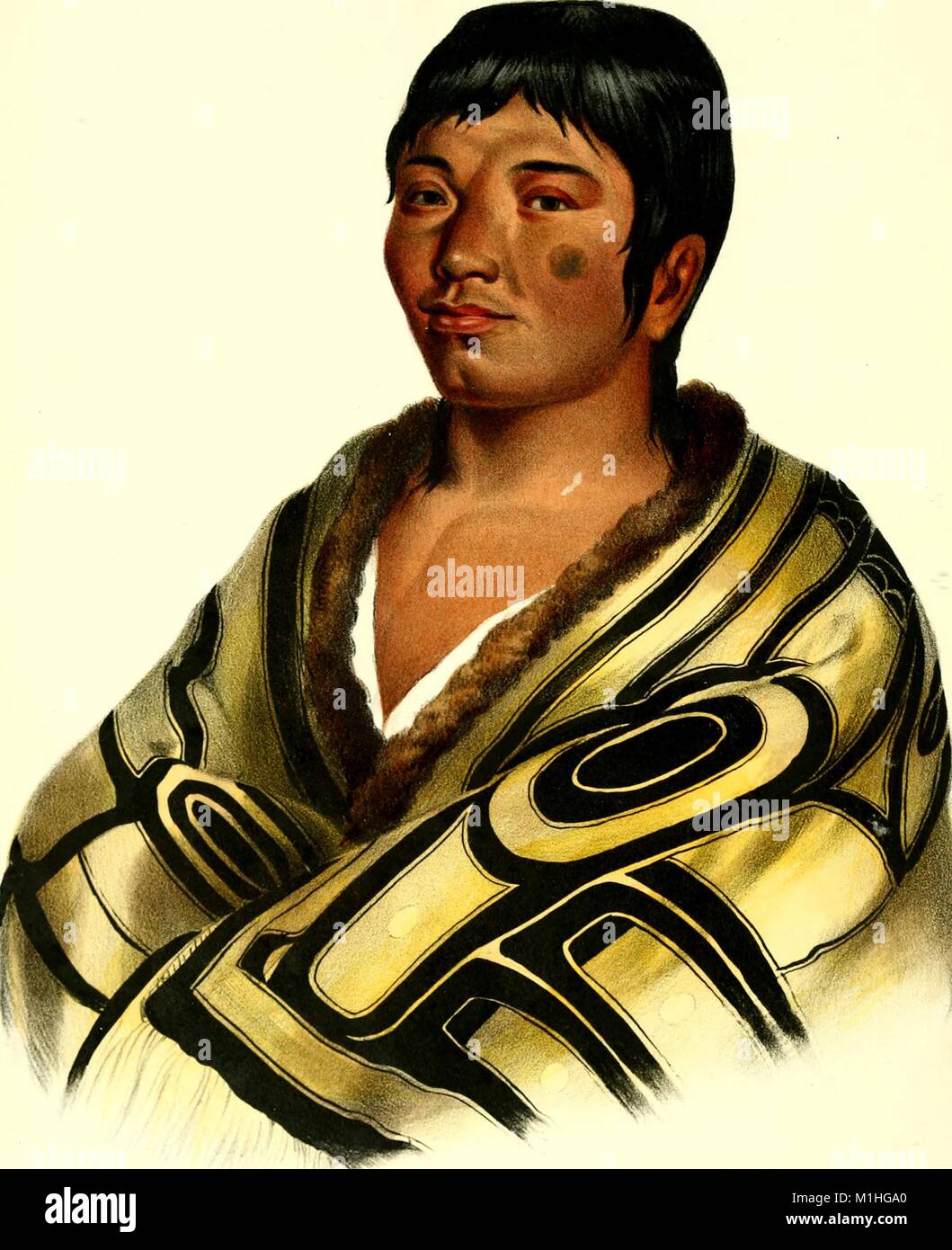 Head-shot, color illustration of a Flathead or Chinook Nation man named Stumanu wearing a painted, animal hide cape with a Salish design, from the book 'Indian Biography' authored by Thatcher BB (Benjamin Bussy), 1825. Courtesy Internet Archive. () Stock Photo