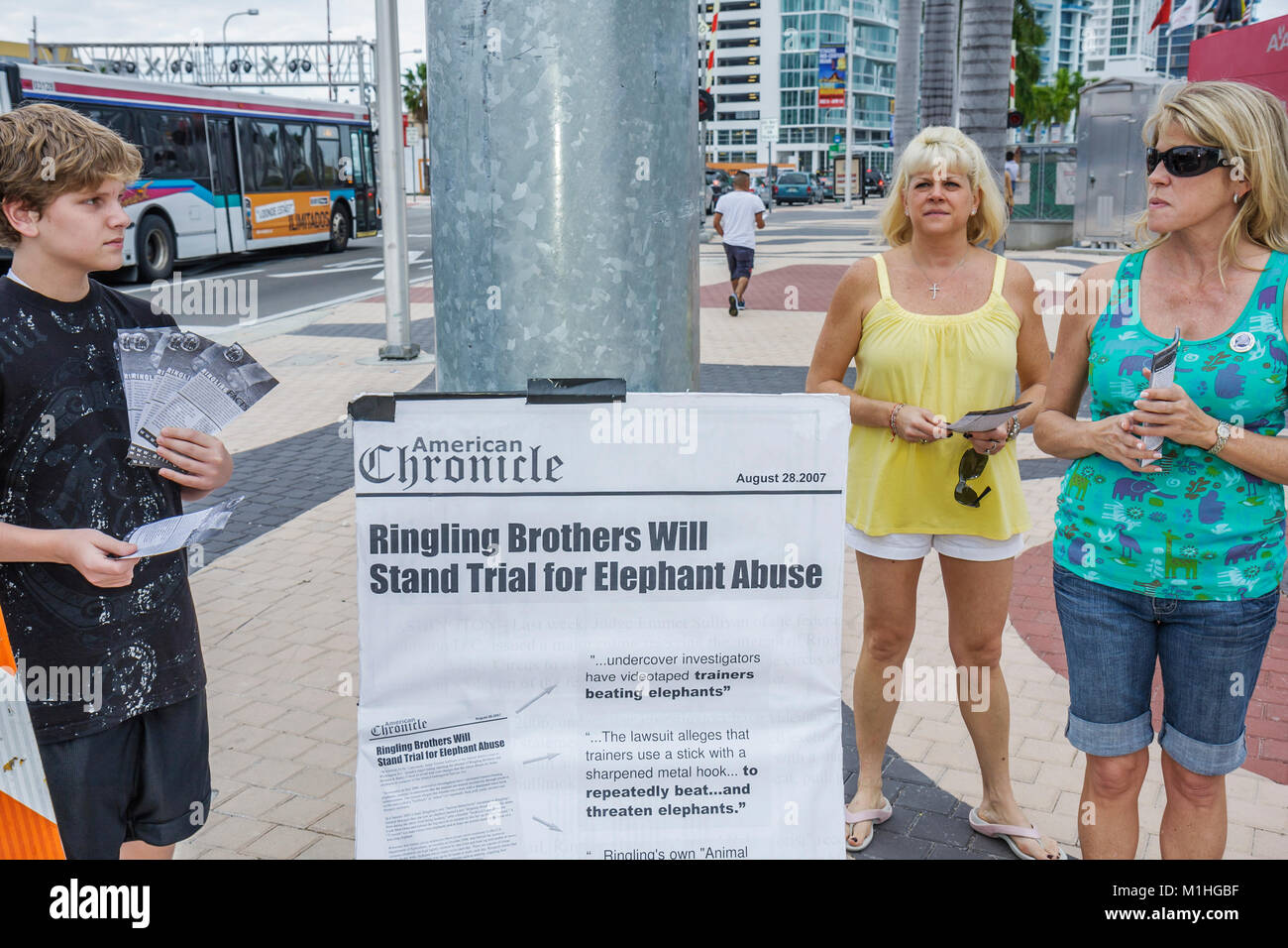Miami Florida,Biscayne Boulevard,American Airlines Arena,elephant abuse protest,circus animal rights,teen teens teenage teenager teenagers youth adole Stock Photo