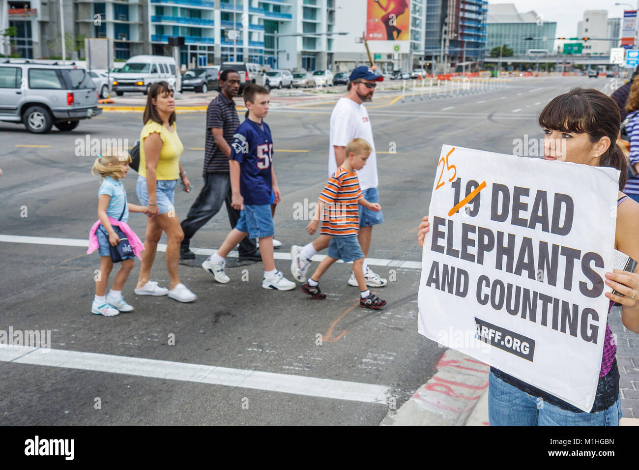Miami Florida,Biscayne Boulevard,American Airlines Arena,elephant abuse protest,animals rights,woman female women,posters,signs,family families parent Stock Photo