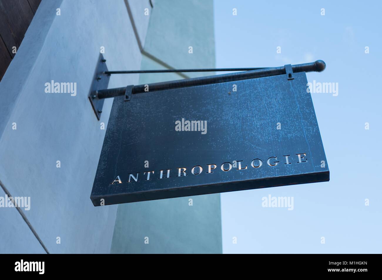 Close-up of sign on facade of Anthropologie and Co upscale home furnishings store in downtown Walnut Creek, California, November 17, 2017. () Stock Photo