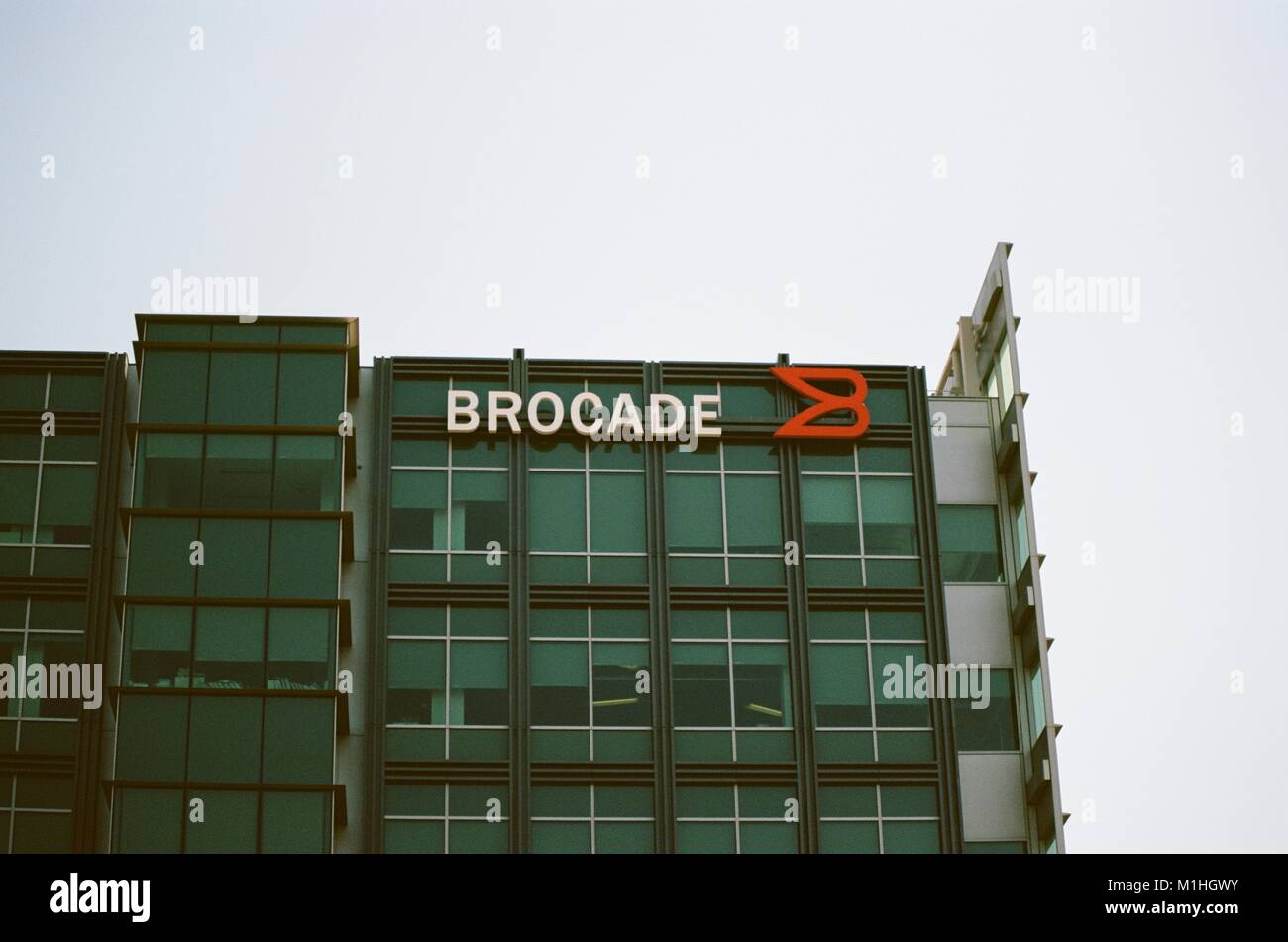 Facade with logo at headquarters of network and storage company Brocade in the Silicon Valley, Santa Clara, California, August 17, 2017. () Stock Photo