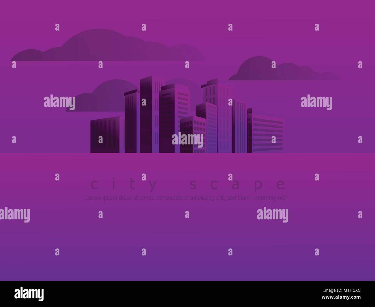 illustration of urban landscape, city skyline in purple background ...