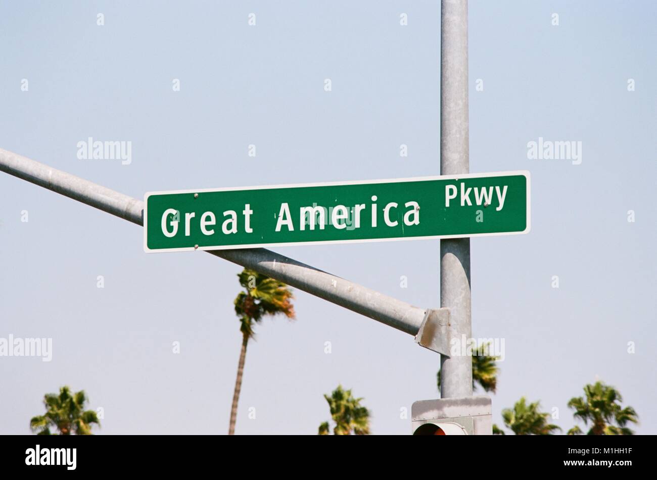Road sign for Great America Parkway, the main thoroughfare in downtown Santa Clara, California, part of the Silicon Valley, August 17, 2017. () Stock Photo