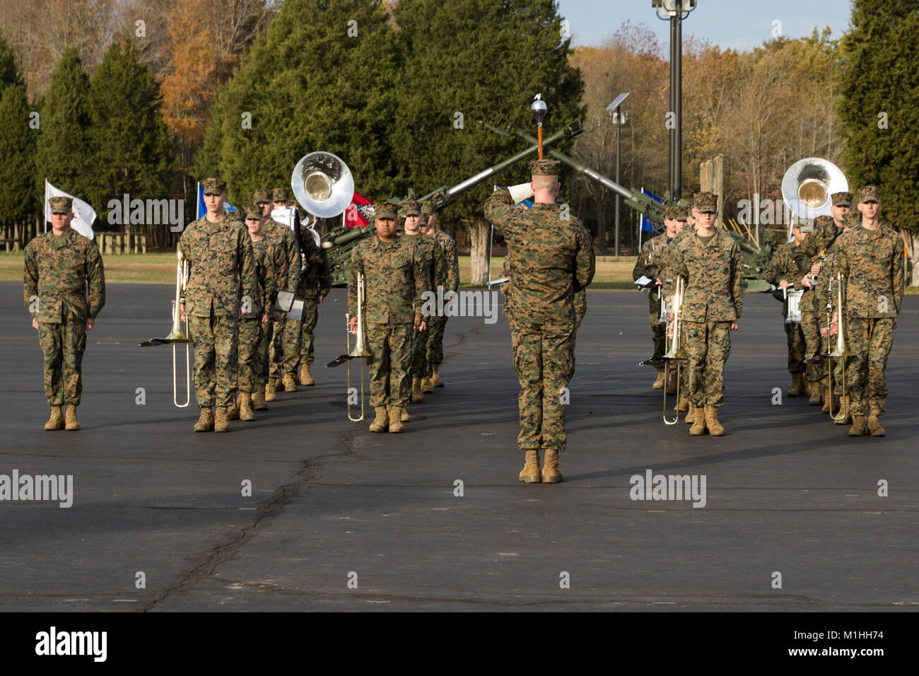 The Quantico Marine Band performs before the start of the Officer Candidate School (OCS) graduation ceremony at Marine Corps Base Quantico, Va., Nov. 18, 2017. Candidates of class 226 graduate from OCS after completing 10 weeks of intensive training to evaluate and screen individuals for the leadership, moral, mental, and physical qualities required for commissioning as a Marine Corps officer. (U.S. Marine Corps Stock Photo
