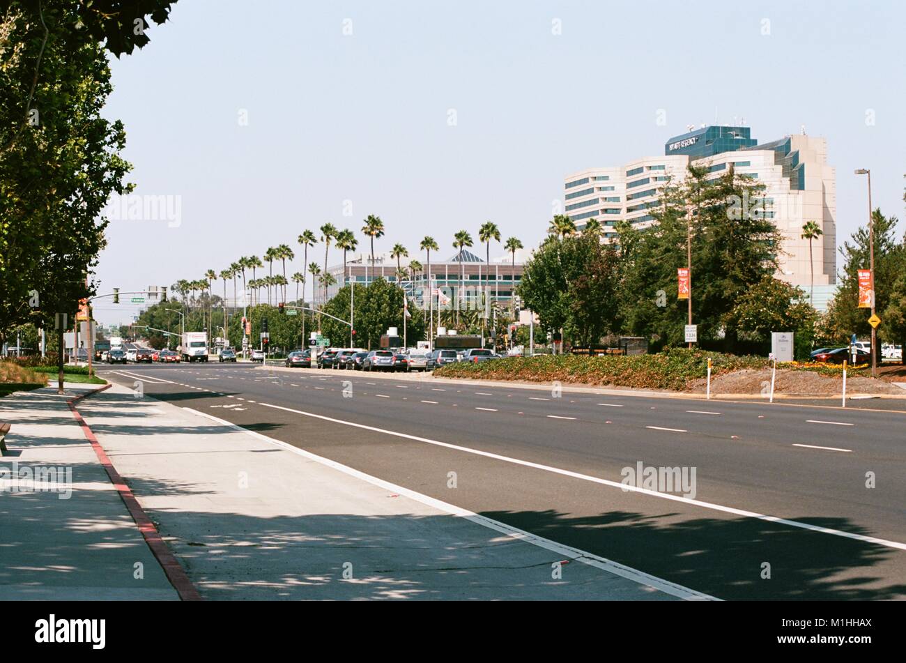 View down the sunny, palm tree lined Great America Parkway, the main thoroughfare in Santa Clara, California, part of the Silicon Valley, August 17, 2017. () Stock Photo