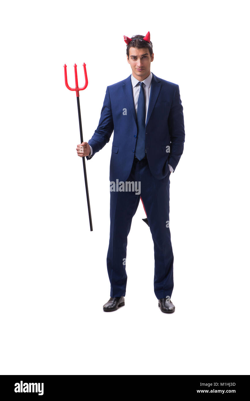 Evil devil businessman with pitchfork isolated on white background Stock Photo