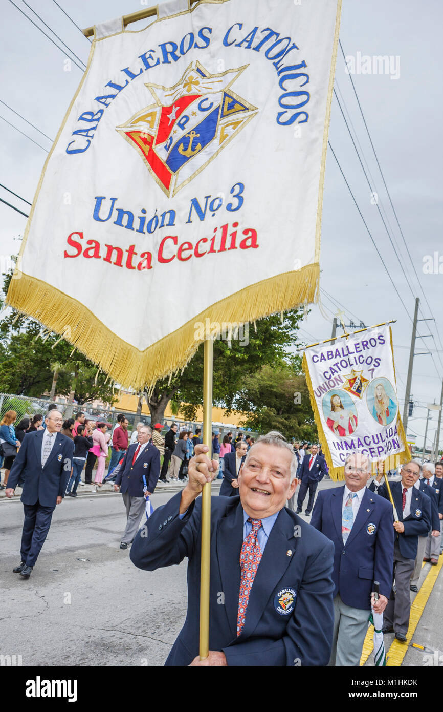 Florida,Hialeah,Jose Marti Parade,honoring Cuban poet,participant,Hispanic banner,men,Catholics,Christian,religion,FL080120019 Stock Photo