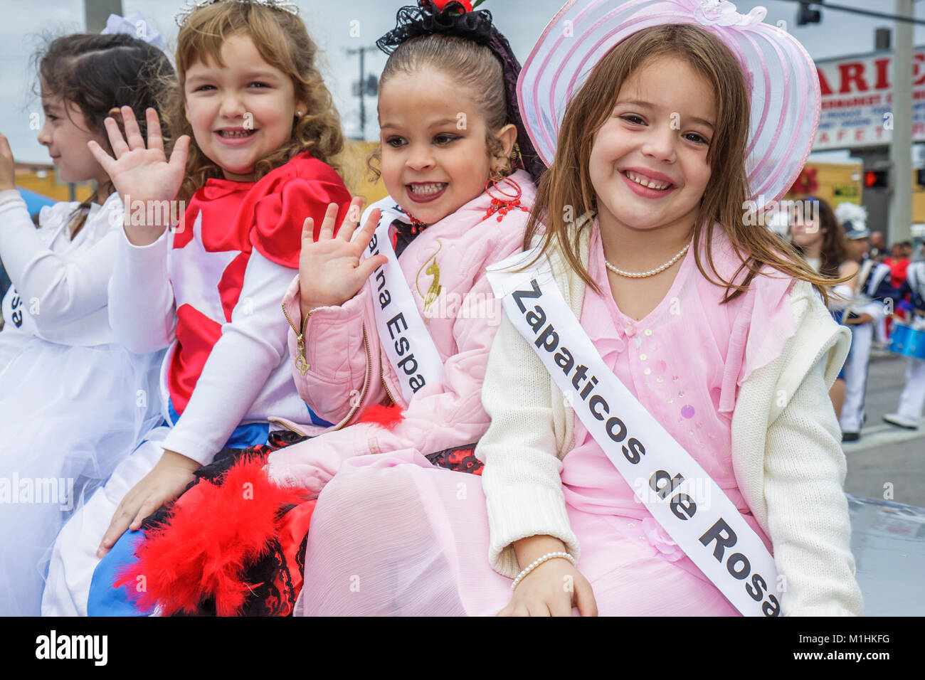 Florida,Hialeah,Jose Marti Parade,honoring Cuban poet,participant,Hispanic Latin Latino ethnic immigrant immigrants minority,girls,waves,water,outfit, Stock Photo