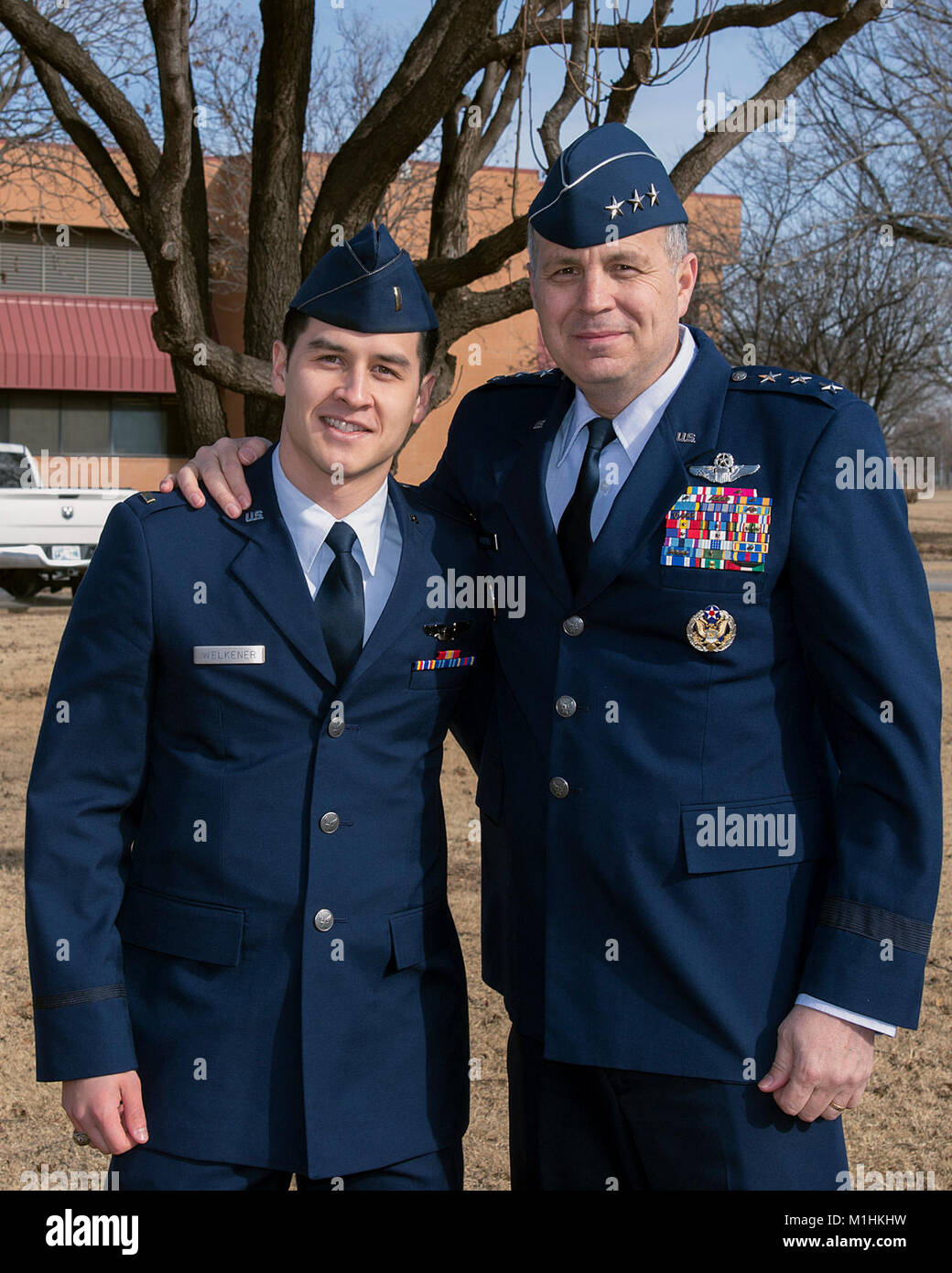 2nd Lt. Timothy Welkener, a student pilot assigned to the 71st Student Squadron, poses for a picture with Lt. General Jerry Martinez, commander of the 5th Air Force at Yokota Air Base, Japan, after the graduation ceremony Jan. 19, 2018, in front of the base theater on Vance Air Force Base, Oklahoma. Martinez was the guest speaker for the ceremony. (U.S. Air Force Stock Photo