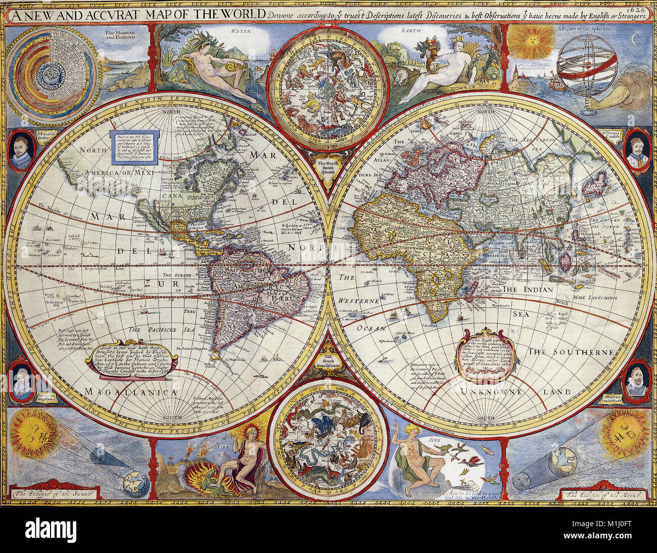 JOHN SPEED (1551/2 - 1629) English cartographer. Word map from a 1627 atlas 'Prospect of the Most Famous Parts of the World' published by George Humble Stock Photo